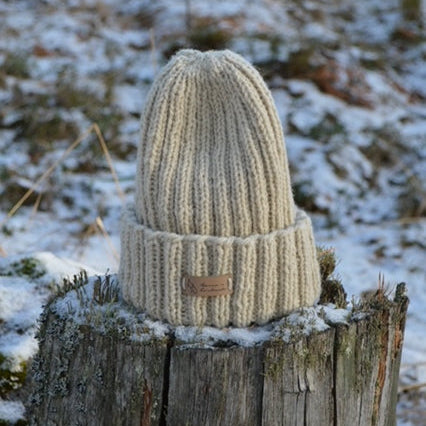 Luonnonvalkoinen pipo talvisessa metsässä kannon päällä