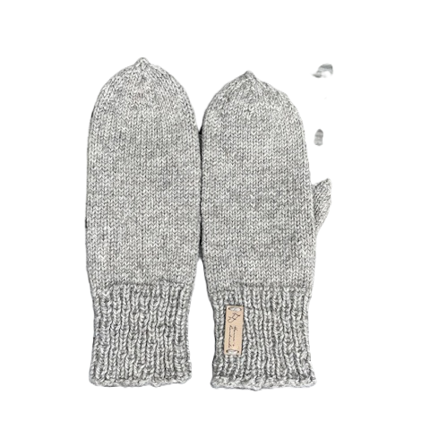 Vaalean harmaat lapaset, joissa ranne on joustinneuletta ja kämmenosa sileää neuletta.