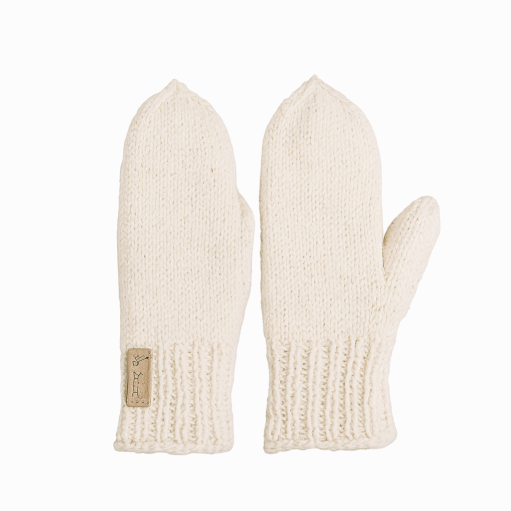 Luonnonvalkoiset lapaset, joissa ranne on joustinneuletta ja kämmenosa sileää neuletta.